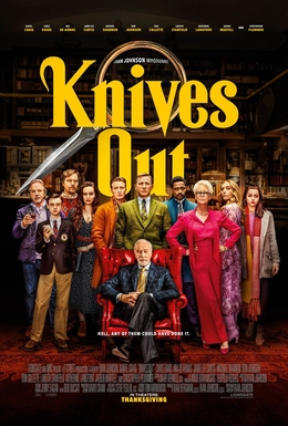 Movie poster for KNIVES OUT; Christopher Plummer sitting in a wing chair, with Daniel Craig standing directly behind him. Most of the other characters stand around and behind.
