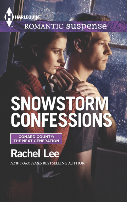 Cover for Snowstorm Confessions, shows a white man and woman standing close together, her arms resting on his back and shoulders, as they look out a window to a dark sky where snow falls thickly.
