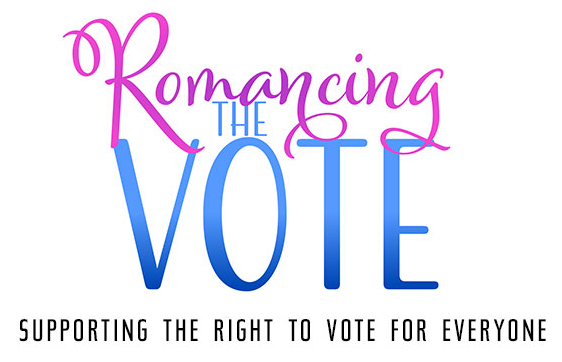 The words "romancing the vote" in fancy pink  and blue script; below in black print, "supporting the right to vote for everyone"