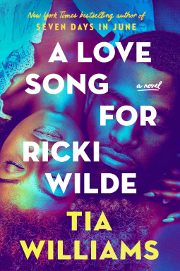 The cover of _A Love Song for Ricki Wilde_, showing a heavily-filtered thight shot to the faces of a Black man and a Black woman, he with very short hair, she with natural hair. They are laying face up, head to head, so her head is up on his shoulder and his on hers; their eyes are closed, and their expressions are peaceful.