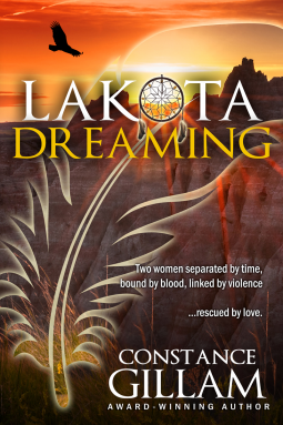 Cover for _Lakota Dreaming_, showing the ghostly outline of a feather over a peaceful (or melancholy, depending on your perspective) desert landscape as the sun sets in the distance and an eagle's silhouette hovers high in the sky. The tagline reads, "two women separated by time, bound by blood, linked by violence...rescued by love"