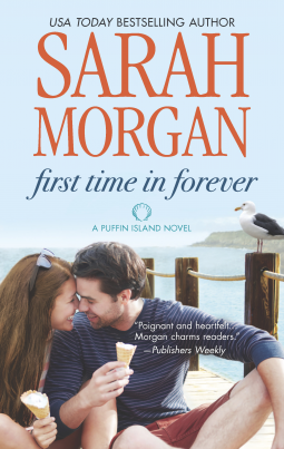 Cover for _First Time in Forever_, showing a white woman with long brown hair, and a white man with some stubble and short dark brown hair, sitting on a pier, eating ice cream off scones; the background is the sea, with a small island in the distance and a seagull perched atop one of the pier's wooden pilons. No puffin in sight.
