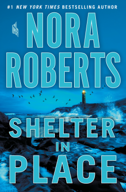 Cover for _Shelter in Place_; night shot of a rocky beach with the tide coming in and the waves foaming up. There are some birds coming in to roost, and in the distance, a lighthouse rises in a promontory jutting out to sea.
