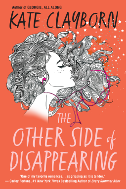 Cover for _The Other Side of Disappearing_, shows a line drawing showing the face and neck of a white woman, in profile, with flowing long hair (could be anything from black to brown to red, but the character description tells me is blonde) flowing about her hair as in a strong breeze; she has purple earphones in, and there are some small white and grey/blue stars flowing out from her hair. The background is a muted salmon color, and the title and author name are written in an informal style font, the former in white, the latter in black.