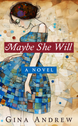 The illustrated cover of _Maybe She Will_, sowing a line drawing of a white woman with dark brown hair in a updo, wearing an of the shoulder blue dress that consists of a collage of small squares and rectangles in different shades of mostly blues, with a few patches of pale orange, yellow, marron, etc. The background is a collage made of very pale, sepia and cream colored squares, some of them with blue, maroon, pale orange dots.